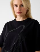 GUESS Уголемена тениска с монограм и декоративни камъни Черен/Сребрист