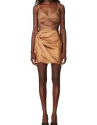 HERVE LEGER Официална мини рокля с бюстие от бандаж и изтънчен копринен драпеж - Кафяв