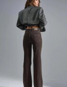 HiCCUP Дамски дънки High Waist Flare висока талия широк крачол кафяво-бежови деним