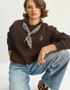 HiCCUP Дамски суичър с кръгло деколте и бродерия Кафяв