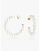 INDIRA 14K позлатени обеци - декорирани с перли Golden Pearl Hoops 2 микрона - Бял/Златист