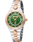 JUST CAVALLI Часовник Stilo за жени - двуцветен корпус - тъмен зелен циферблат - стоманена верига
