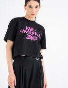 KARL LAGERFELD JEANS Памучна къса тениска с графит Черен/Фуксия