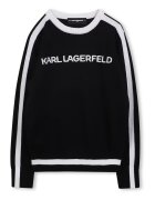 KARL LAGERFELD KIDS Пуловер с овално деколте и лого - Черен/Мръснобял