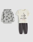 LC WAIKIKI Спортен екип с памук с десен Mickey Mouse - 3 части Сив/Крем