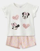 LC WAIKIKI Тениска с принт на Minnie Mouse и флорален къс панталон - 2 части Бял/Розово