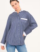 Lee Cooper Свободна памучна риза на райе Бял/Тъмносин