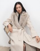 Mango Палто с вълна с колан Светло бежово