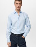Mango Памучна слим риза Пастелносин