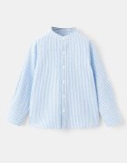 Mango Раирана риза с лен и яка Henley Бял/Светлосин