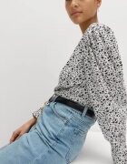 Marks & Spencer Флорална блуза с бухнали ръкави Бял/Черен
