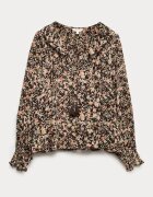 Marks & Spencer Флорална блуза с пискюли Тъмнокафяв/Оранжев/Бледозелен