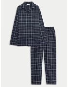 Marks & Spencer Карирана памучна пижама - Бял/Ултрамарин синьо