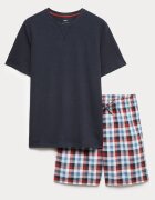 Marks & Spencer Памучна къса пижама Бял/Бордо/Ултрамарин синьо/Лавандула