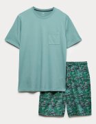 Marks & Spencer Памучна къса пижама с джоб Бледозелен/Папратово зелено