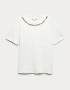 Marks & Spencer Памучна тениска с овално деколте Бял/Розово