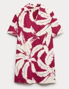 Marks & Spencer Тениска с лен с яка и тропическа шарка Малина/Бял