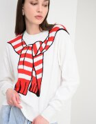 Moschino Jeans Пуловер от памук и кашмир с принт Червен/Черен/Мръснобял