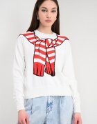 Moschino Jeans Пуловер от памук и кашмир с принт Червен/Черен/Мръснобял