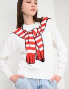 Moschino Jeans Пуловер от памук и кашмир с принт Червен/Черен/Мръснобял