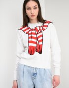 Moschino Jeans Пуловер от памук и кашмир с принт Червен/Черен/Мръснобял