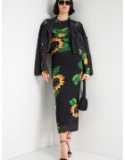 Moschino Jeans Вталена флорална рокля с мрежесто покритие - Зелен/Черен/Жълт