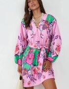 MSN Collection Мини рокля флорален модел дълъг ръкав многоцветна полиестер/памук/ликра