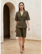 MyFashion Дамски комплект късо яке с колан широки панталони каки зелено полиестер вискоза