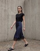 MyFashion Миди пола сатен тъмносин висока талия