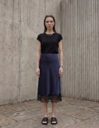 MyFashion Миди пола сатен тъмносин висока талия