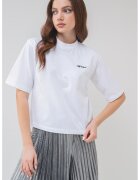 Off-White Тениска с овално деколте и бродиран надпис - Избеляло черно/Бял