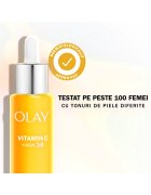 Olay Серум Vitamin C Day Face Serum: Нелепкава формула с витамин C AHA и 99% чист ниацинамид за сияен тен с 3 ключови действия: намалява пигментните петна изравнява текстурата и осигурява интензивна хидратация 40 мл