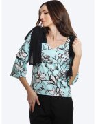 ONIBON FASHION Флорална блуза с панделки на раменете - Бял/Черен/Аквамарин