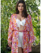 ONIBON FASHION Кимоно с десен и паднали ръкави - Бял/Оранжев/Розово