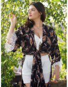 ONIBON FASHION Кимоно с десен и цепки встрани - Бял/Черен/Изгорен портокал