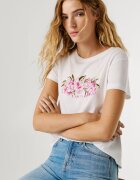 Pepe Jeans London Памучна тениска с лого и флорален принт Бял/Розово