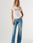 Pepe Jeans London Памучна тениска с лого и флорален принт Бял/Розово
