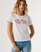 Pepe Jeans London Памучна тениска с лого и флорален принт Бял/Розово