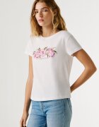 Pepe Jeans London Памучна тениска с лого и флорален принт Бял/Розово