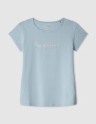 Pepe Jeans London Тениска с овално декоте и бляскаво лого Прашно синьо/Сребрист
