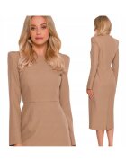 Stylove Миди рокля - S412 Бежов Функционално кръгло деколте - Дълги ръкави - Скрит цип на гърба - Бежов