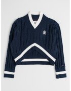 Tommy Hilfiger Къс пуловер с шпиц и плетка осморка - Бял/Тъмносин