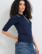 Tommy Hilfiger Тениска с лиосел и памук с яка и миди ръкави Тъмносин