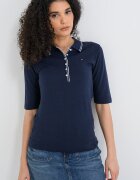Tommy Hilfiger Тениска с лиосел и памук с яка и миди ръкави Тъмносин
