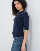 Tommy Hilfiger Тениска с лиосел и памук с яка и миди ръкави Тъмносин