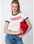 Tommy Jeans Слим къса тениска с лого - Аленочервен/Мръснобял/Тъмносин