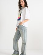 United Colors of Benetton Свободна блуза с принт и среднодълги ръкави Бледозелен/Бял
