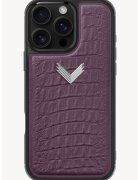 VELANTE OFFICIALE Унисекс кожен калъф за iPhone 16 Pro Max с шагрен - Черен/Виолетов