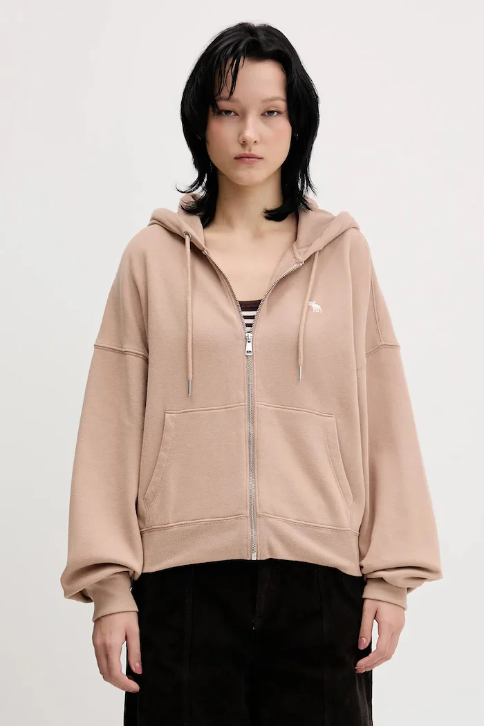 Abercrombie & Fitch Суичър в бежово с качулка с изчистен дизайн KI152-5417-420