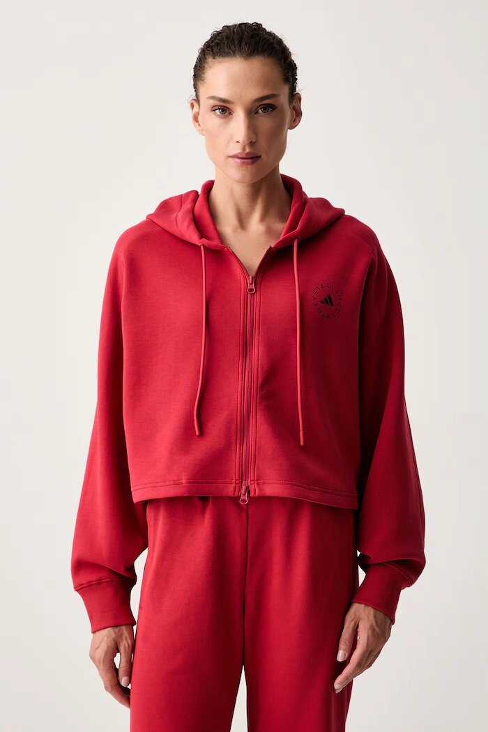 adidas by Stella McCartney суичър с цип и качулка дамски с памук червен KR6288